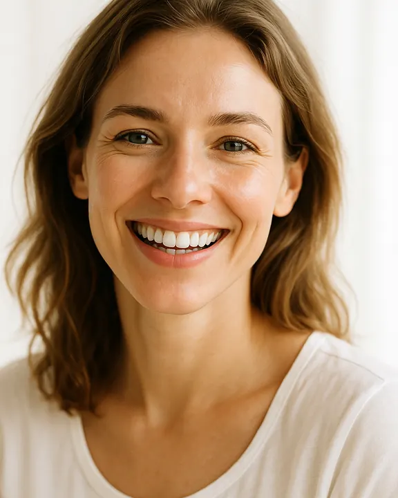 A smiling woman in a bright room
